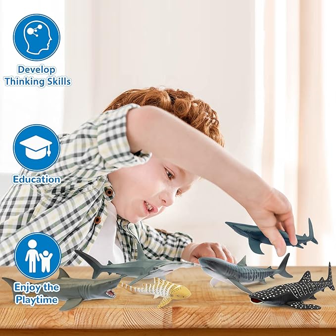 Toymany 6PC Realistic Shark Figurines Set - 5-6" Ocean Animals Bath Toys, Cake Toppers, Gifts for Kids & Toddlers