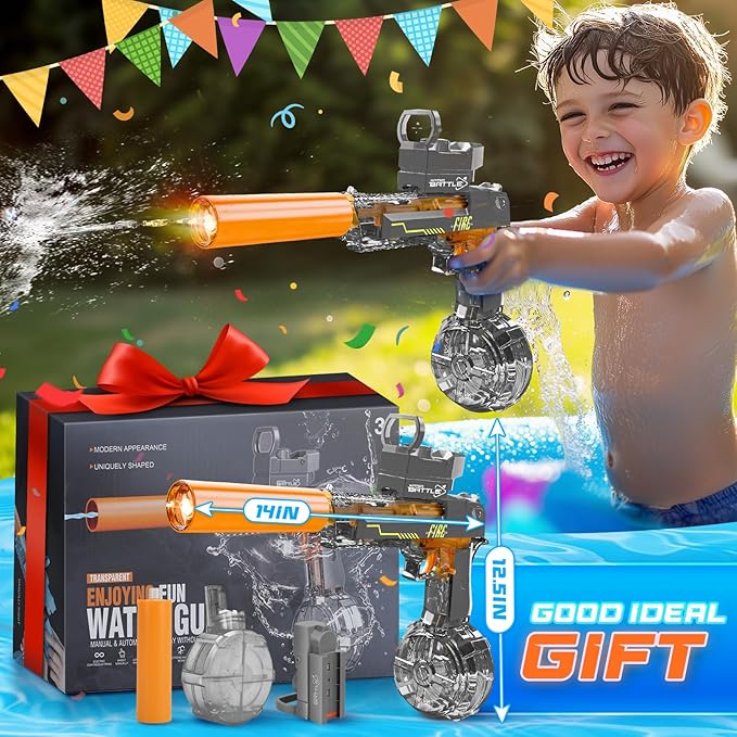 Electric Water Blaster for Kids Ages 4-12: Automatic Water Toy with 32FT Spray Distance High-Capacity Design Ideal for Pool Parties, Beach, Backyard & Summer Outdoor Play, Grey