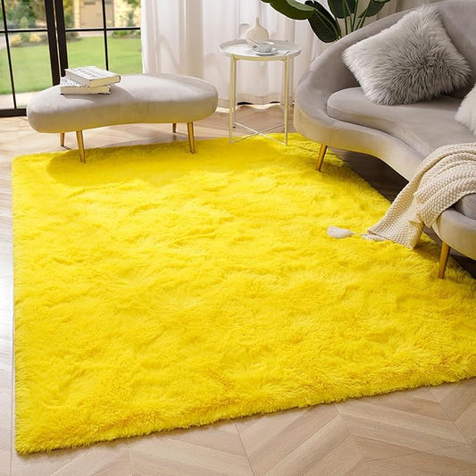 Amearea Shag Fluffy Area Rug for Bedroom Girls Living Room, Extra Soft and Fuzzy Shaggy Rugs, Non Slip, Solid Color Carpet Mat for Boys Nursery Home, Yellow 5x8 Feet