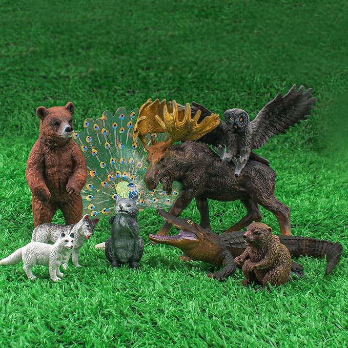 Woodland Animals Figures Playset 9PCS Forest Animal Figurines Toys Set Plastic Animals Figure Bear,Peacock Crocodile,Arctic Fox Figure