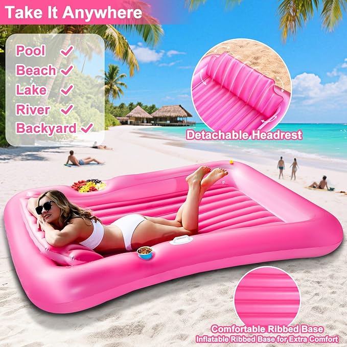 Inflatable Tanning Pool Lounger Float with Sprinkler, 71" x 47" Large Pool Floats Adult with Pillow Cooler Tray, 6 in 1 Suntan Tub Raft Floatie Sunbathing Bed Water Summer Backyard Fun L-Pink