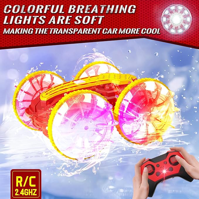 Amphibious RC Car with Lights for Kids 6-12 Year Old Gesture Sensor RC Stunt Cars Boat 4WD 2.4GHz Waterproof Hand Controlled Remote Control Car 360° Rotating Water Beach Pool Toys Gift for Boys Girls