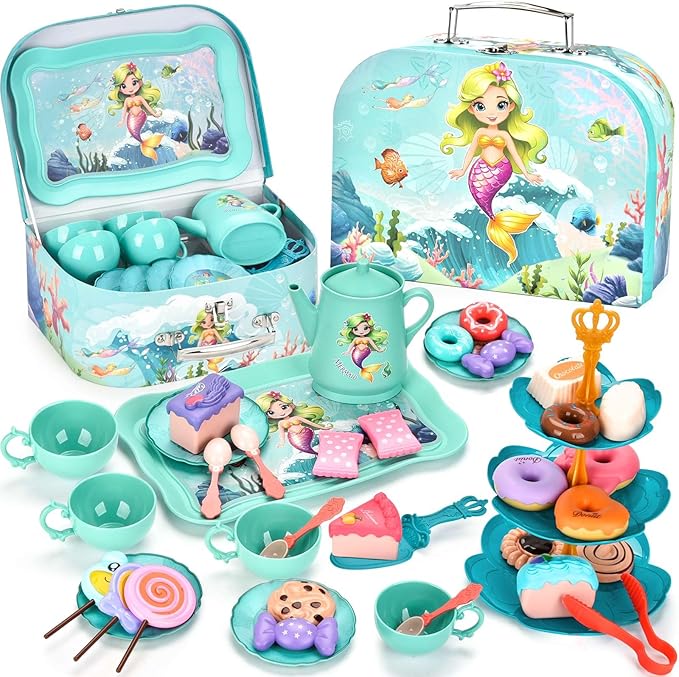 Mermaid Tea Set for Toddlers, Kids Pretend Play Tea Party Set – Plastic Kitchen Toy Teapot Set with Cups, Plates, Carrying Case, Princess Role Play Toys Birthday Gift for Girls Age 3 4 5 6