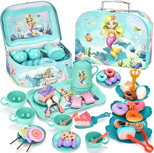 Mermaid Tea Set for Toddlers, Kids Pretend Play Tea Party Set – Plastic Kitchen Toy Teapot Set with Cups, Plates, Carrying Case, Princess Role Play Toys Birthday Gift for Girls Age 3 4 5 6