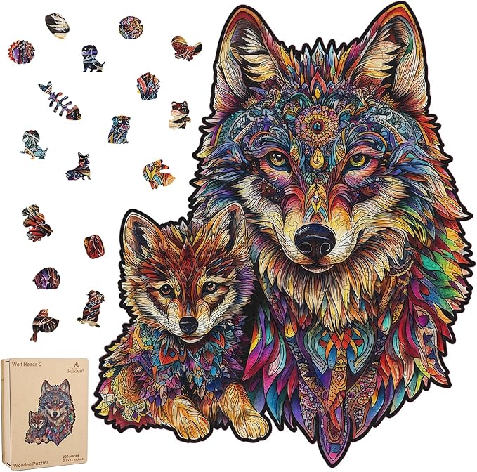 Wolf Family 200 Pieces Wooden Jigsaw Puzzles for Adults with Unique Irregular Shape Fun Challenging Animal Puzzles for Kids and Couples on Birthday,Children’s Day,Christmas 10.2"*11.8"