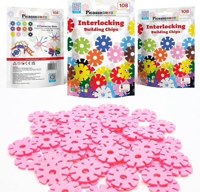 PicassoTiles Building Chip Interlocking Disc Construction Blocks in Pink Color STEM Learning Early Education Toy Engineering Playset Child Brain Development for Toddlers Girls Boys Kids Age 3+ PTF108