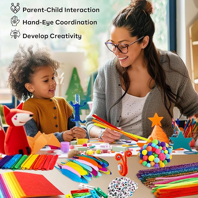 FUNZBO Arts and Crafts Supplies for Kids -Kids Craft Kit with Pipe Cleaners, Popsicle Sticks, Pompoms & Stickers, All in One Homeschool Supplies, Toys Crafts for Girls Boys Age 4+