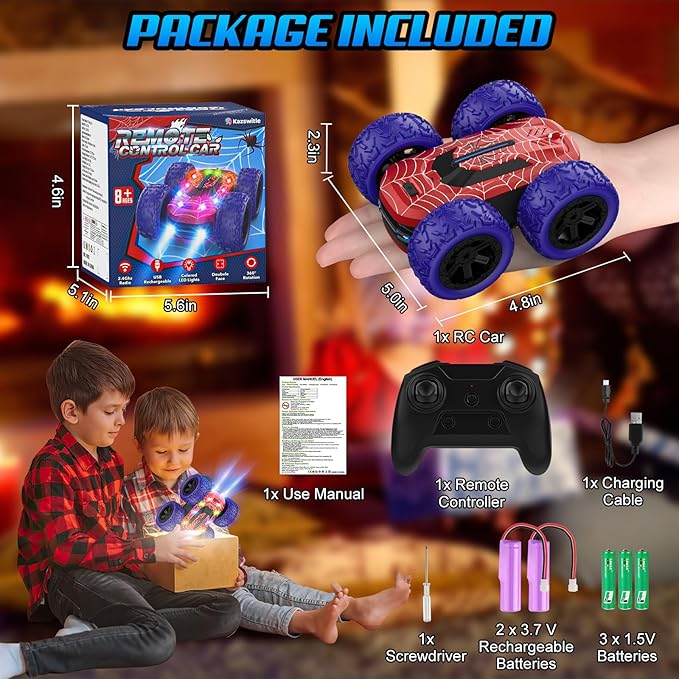 Remote Control Car for Boys, RC Cars for Kids with Colorful LED Lights, 2.4Ghz Double Sided 360° Flips 4WD Stunt Car, Rechargeable Toy Cars for Boys Girls Ages 4-6 5-7 6-8 8-12 Birthday Gift
