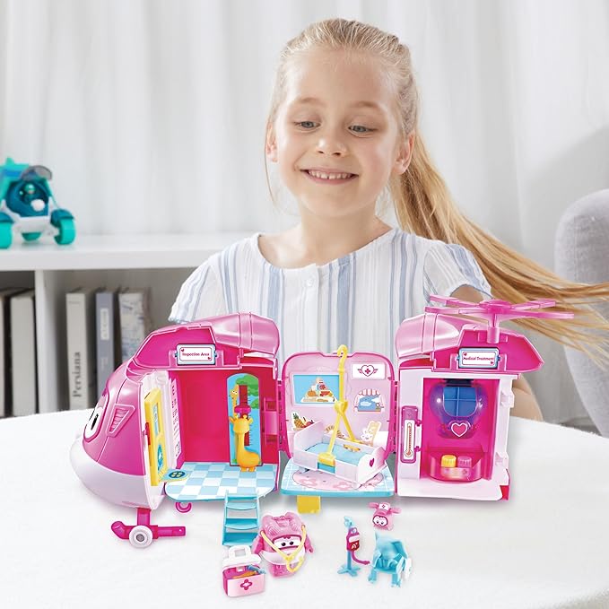 Super Wings Dizzy Rescue Helicopter Hospital Playsets，Airplane Pet Care Play Sets Doctor Kit for Kids 3-5, 20+ Accessories Pretend Dr Kit for Toddlers, Gifts for Girls Boys 3-7 Years Old