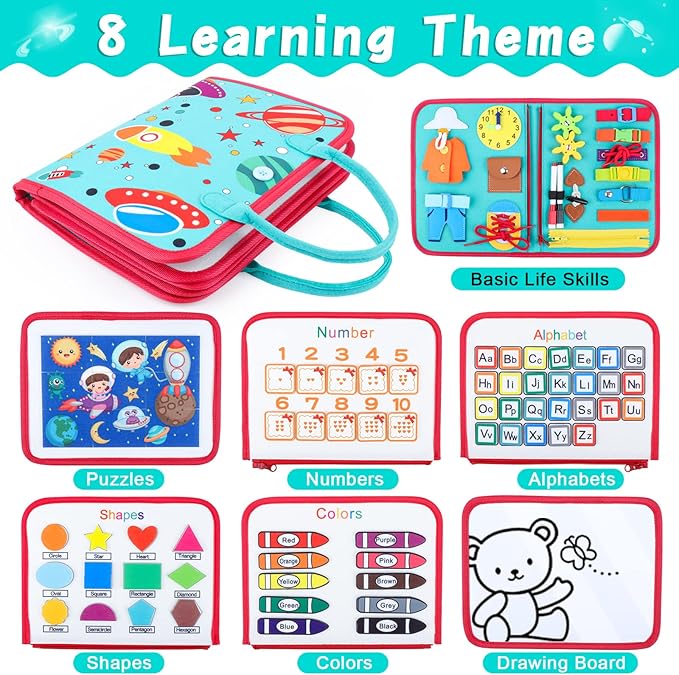 Busy Board for Toddlers 2-4, Montessori Travel Toy for Plane/Car, Educational Sensory Toy for Toddlers 1-3, Preschool Activities Board for Developing Fine Motor Skills, Gift for Boys Girls