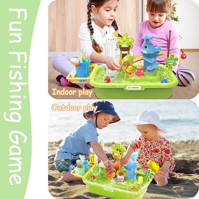 Kids Play Sink with Running Water & Electric Faucet, 4-in-1 Kitchen Sink Toy with Fishing Game, Pretend Play Kitchen Toy Accessories, Role Play Dishwasher Toys for Toddlers Boys Girls Green