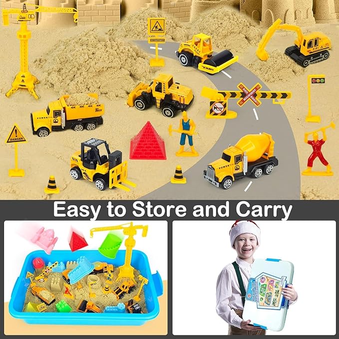 Sensory Bin, Diecast Construction Trucks Play Sand Art Kits with 2.2lbs Magic Sand, Molds, Shovel, 6Pcs Construction Vehicles, Crane- Great Sensory Sandbox Toys for Kids Toddlers Age 3-8