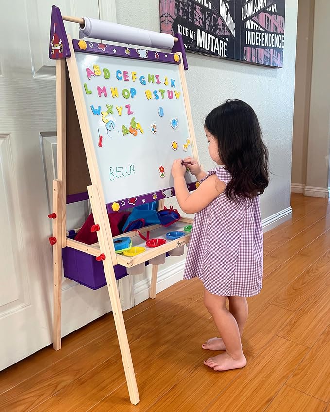 Joyooss Art Easel for Toddlers, Adjustable Standing Wooden Easel - Whiteboard & Chalkboard, Dry Erase Board for Kids Age 2-12