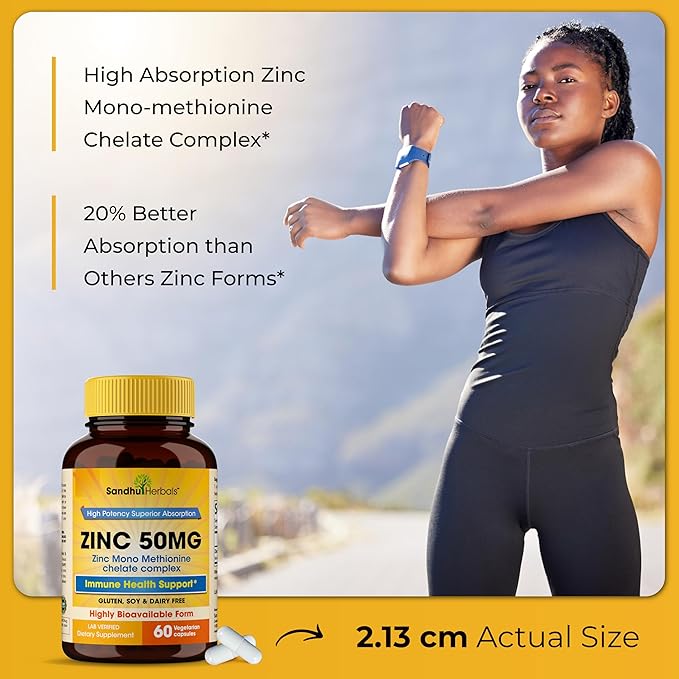 Sandhu Herbals Zinc 50mg Supplement for Men & Women| High Absorption Zinc Monomethionine Complex 60 Capsules| Supplements for Immune, Acne & Antioxidant Support| Vegetarian