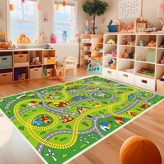 Kids Carpet Car Rug Play Mat for Kids Cars, 5x8 Ft Educational Road Traffic Carpet Multi Color Play Mat, City Life Nursery Car Rug for Toddlers Bedroom Kids Room