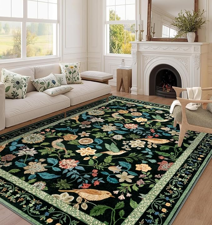 Floral Washable 8x10 Area Rugs for Living Room, Boho Birds Black/Green Large Bedroom Rug Soft Non-Slip Vintage Dining Room Rug, Low Pile Botanical Floor Carpet for Kids Room Classroom