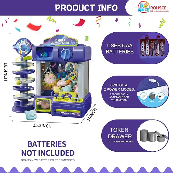 2 in 1 Big Claw Machine for Kids with Toys Inside, Arcade Games Vending Machine, Mini Claw Game Arcade Toy, Home Party Easter Birthday Gifts for Girl & Boys Age 3+