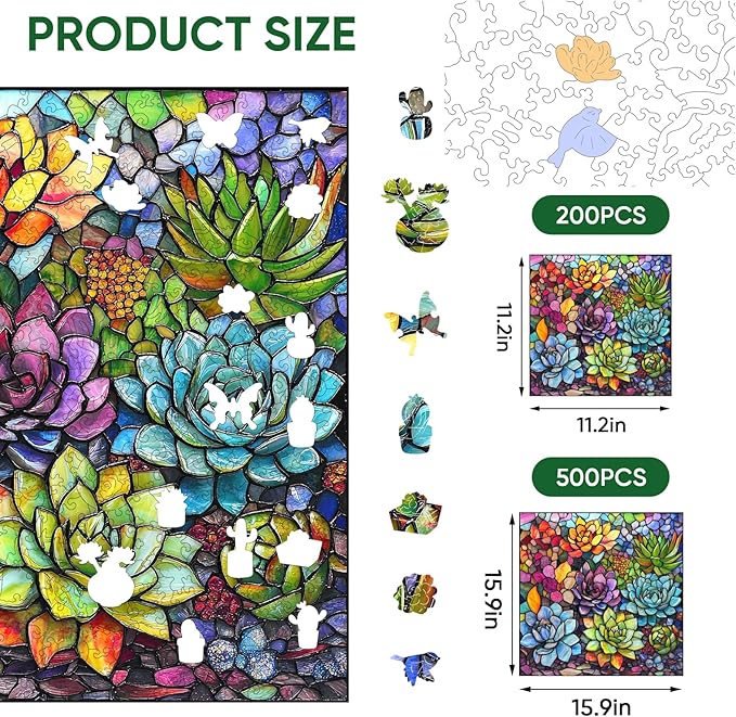 delobi Stained Glass Puzzles for Adults 500 Pieces Succulent Wooden Puzzles, Unique Liberty Challenging Jigsaw Puzzles Gift for Friends Family Game Medium Size 15.9'' x15.9''