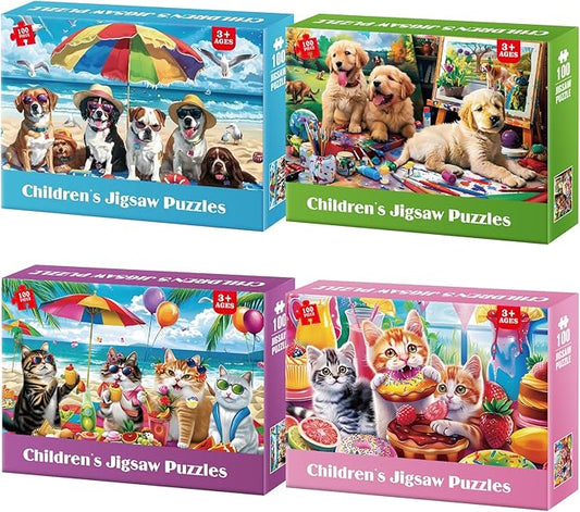 100 Piece Puzzles for Kids Ages 4-6 - Cats & Dogs Party Jigsaw Puzzles - Cute Puzzles for Kids Ages 8-10 Kids Puzzles Ages 5-8 Educational Search & Find Toy Preschool Puzzles 4-Pack 15"x11"