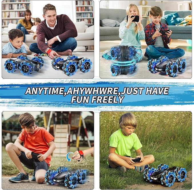 RC Gesture Sensing Stunt Car,2.4GHz 4WD Remote Control Car with Cool Light,Double Sided Rotating Off Road Vehicle 360° Flips Cars for 6-12 Year Old Boys Girls Birthday Presents(Blue)