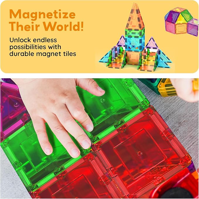 PicassoTiles 152PC Magnetic Tiles Mirror Theme Building Blocks Magnet Toys Construction Sensory Toy Set with Car for STEM Educational Playset Kid Brain Development Gifts for Kids Toddler Age3+ PT152