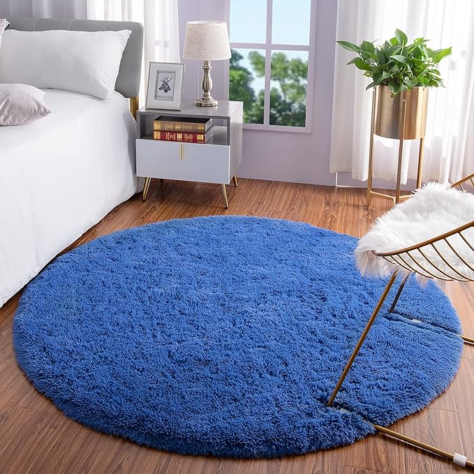 LOCHAS Luxury Round Fluffy Area Rugs for Bedroom Kids Girls Room Nursery, Super Soft Circle Rug, Cute Shaggy Carpet for Children Living Room, 4x4 Feet Light Navy