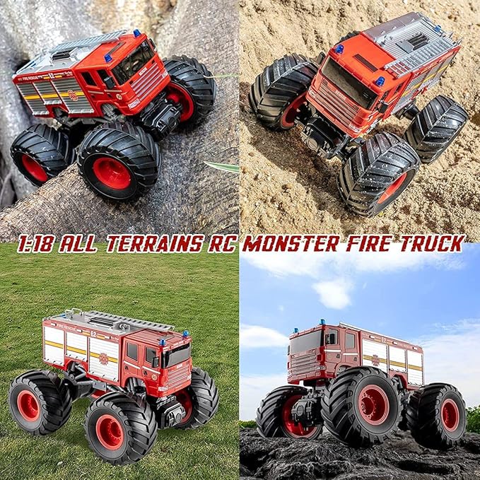Remote Control Monster Truck - 1:18 Scale RC Fire Truck, 2.4GHz Big Wheel School Bus With Lights, Sounds, Rechargeable Electric Toy Stunt Jam Car for Kids, Boys, Girls
