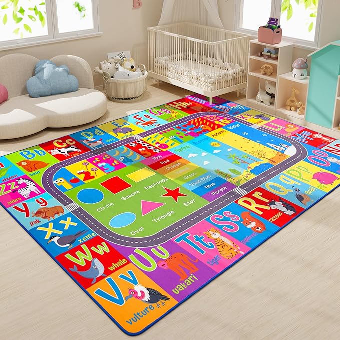 HOMORE Kids Educational Rug, 8x10 Kids Collection Area Rug for Learning Alphabet, Numbers, Colors, Season and Animal Words, Playmat for Classroom Playroom