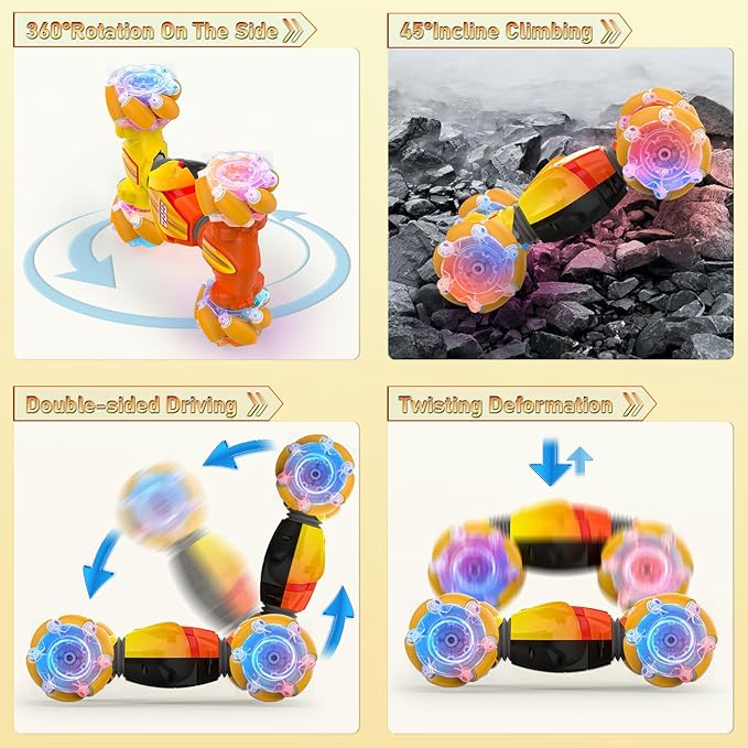 Gesture Sensor RC Cars, Hand Controlled Stunt Remote Control Car Toys for 6-12 yr Kids Boys, 2.4GHz 4WD Double Sided RC Twist Car with Lights Music, Birthday Xmas Gifts for Boys Girls, Yellow