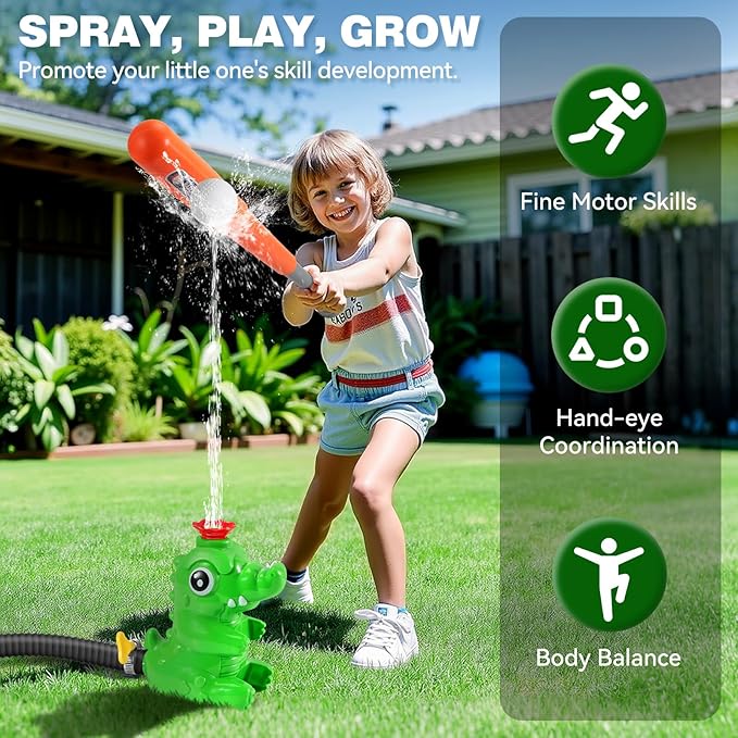 HeySplash Water Sprinkler Baseball Toy, 2 in 1 Water Spray Sprinkler Ball Set with 2 Detachable Sprinkler Heads, Outdoor Summer Toys Outside Toys for Toddlers and Kids, Green Crocodile