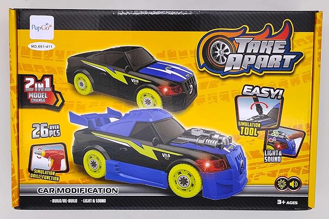 Pup Go Take Apart Toy Racing Car Sound Light, 2 in 1 Build Your Own Car, Drill & Power Tools, Gift Present Children Construction Building Toys for Age 3+ Year Old Boy Kids(4 Spare Screws Included)