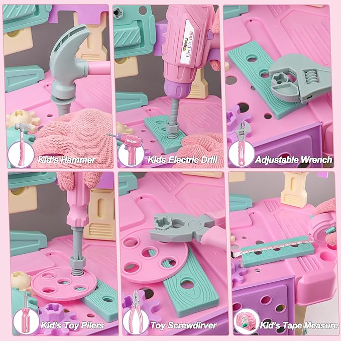 Kids Tool Bench Set,MAGIC4U 89PCS Toddler Tool Workbench with Electirc Drill 12 Tools Equipement,Safety Vest & Hat,Pretend Play Kids Construction Toys Gift for Girls Boys Age 3,4,5,6,7,8