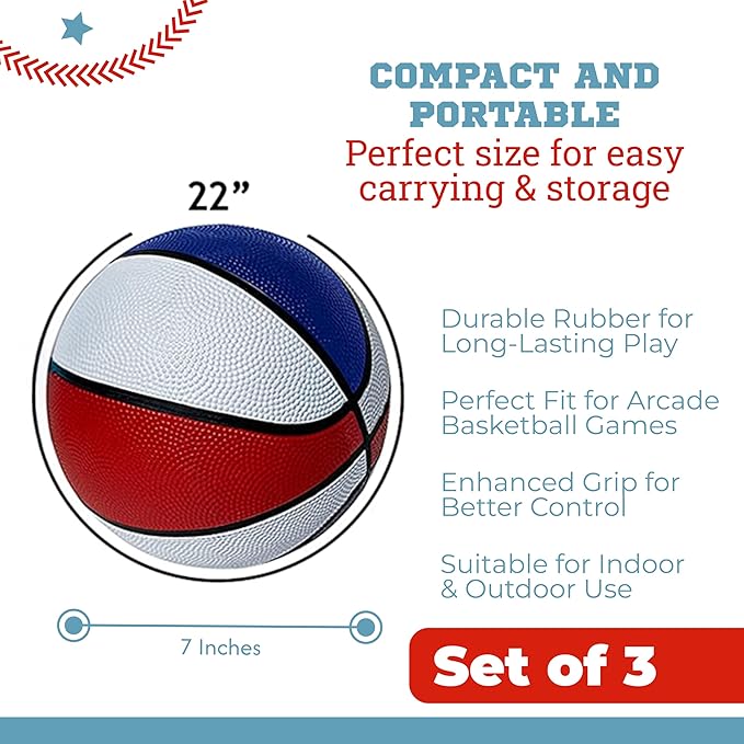 Botabee Red, White and Blue Mini Basketball Set Basketball Arcade Games - Size 3, 7” Junior Basketballs Suitable for Indoors, Outdoors and Arcade Basket Ball - 3 Pack