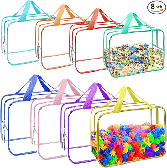 8 Packs 8 Colors Toy Storage Bags, Reusable Clear PVC Board Game Storage, Toy Storage Organizer Bags with Zipper for Building Blocks, Puzzle and Handmade Accessories, Clear Toiletry Bag