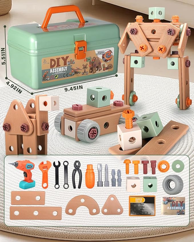 Kids Tool Set Real, Toddlers Tools Boxes Sets, Magic Montessori Play Toolbox with Electric Drill, Power and Screwdriver Build Construction Kits Working Creative Design Toys