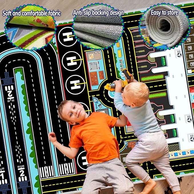 Kids Car Rug Carpet Playmat for Play Toy Cars, Airplane Road Airport Parking Track Rugs Carpet for Playroom Nursery Classroom Kids Room, Car Play Floor Mat Great Gift for Boy Girl 4x6ft