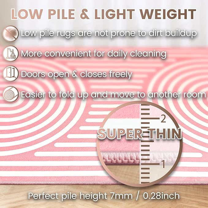 Washable 8x10 Abstract Area Rug for Living Room, Pink Rainbow Modern Boho Throw Rugs, Soft Ultra-Thin Low Pile Stain Resistant Nonslip Indoor Large Carpet for Office Dining Bedroom Playroom Classroom