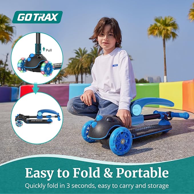 Gotrax KS3 Pro Folding Kick Scooter for Kids, One Key Removable Seat & 3 Extra Wide PU Light-Up Wheels and Anti-Slip Deck, Adjustable Height Handlebar and Lean-to-Steer Scooter for Children Aged 2-8