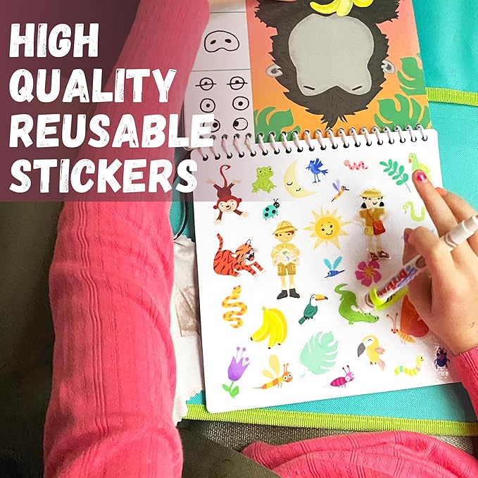 Kids Travel Educational Activity Book with Washable Markers - Car and Airplane Activities, Learning Toys for Toddlers- Reusable Stickers for Ages 4, 5, 6 (Jungle & 2 Extra Books)