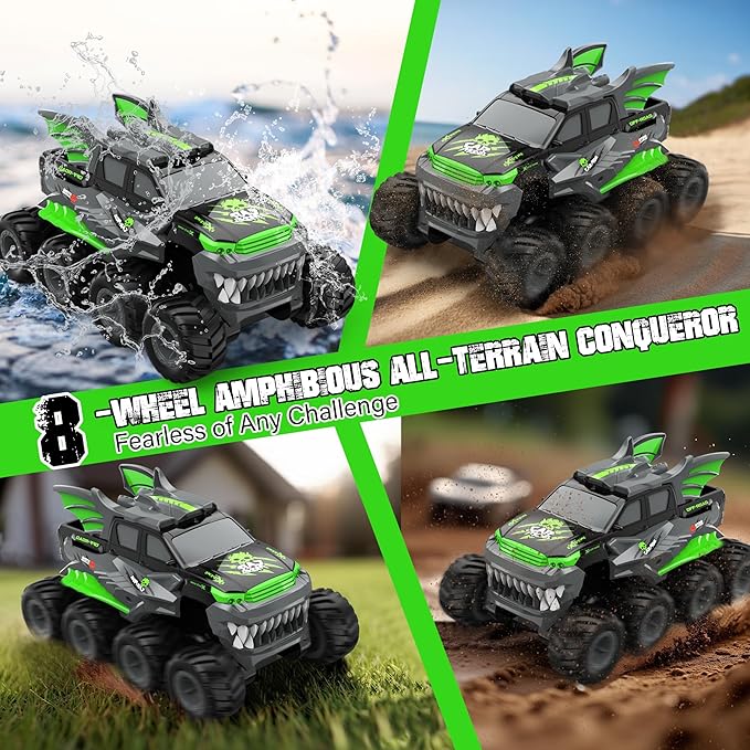 YOLOPLUS+ Amphibious Remote Control Car 8WD RC Monster Truck, 2.4GHZ 1:16 Waterproof All-Terrain Off-Road RC Cars Toys, Pool Toys Gifts for Boys and Girls Age 8-12, Green