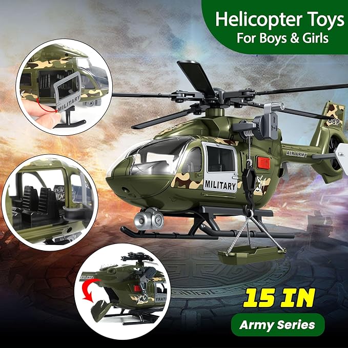 Wenbeier Military Helicopter Toy for Boys with Hanging Basket Toy Airplane with Lights and Sound Rescue Vehicles Toys for Kids Aged 3 4 5 6 7