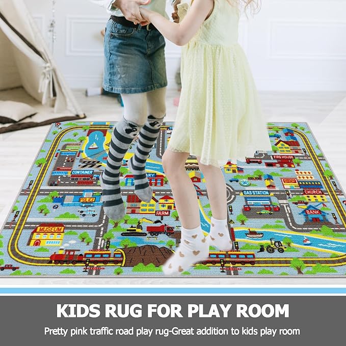 Capslpad Kids Rug for Playroom 3'3" x 5'2" Educational Learning Kids Play Area Rug Large Traffic Road Cars Rug Play Mat for Kid Toy Nursery Rug Kids Car Carpet for Living Room Home Decor, Sky Blue