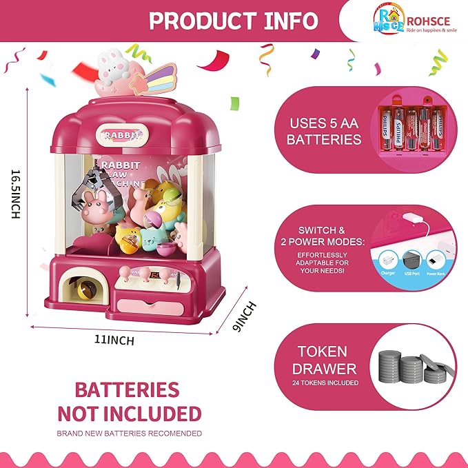 Kids Claw Machine with Toys Inside, Vending Machine Lights & Sound, Electronic Mini Claw Game for Boys & Girls, Birthday & Party Gift, Includes 25 Plush Toys, Surprise Eggs & USB Cable