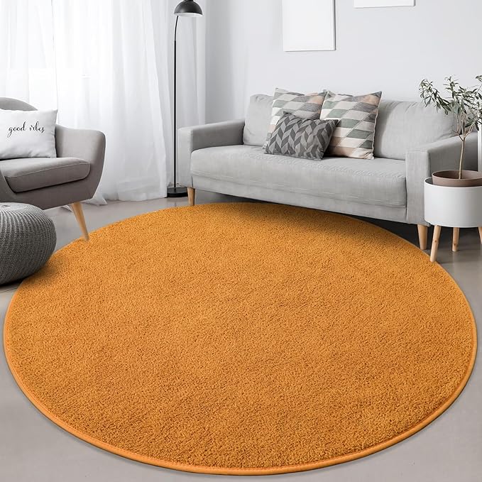 FlyDOIT Round Area Rugs for Bedroom Living Room, 4x4 Orange Super Soft Comfy Thickened Memory-Foam Indoor Circle Carpets, Modern Aesthetic Minimalist Carpet for Boys Girls Adults Nursery Home Décor