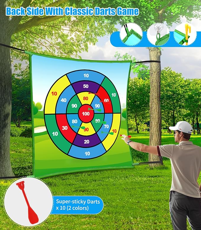 Golf Chipping Game Mat: 70"x70" Double-Sided 2in1 Golf Hitting Mat, Golf Chip and Practice Set with Stick Ball&Dart for Backyard Indoor Outdoor Family Battle Game, Christmas Ideal Gift for Kids Adults