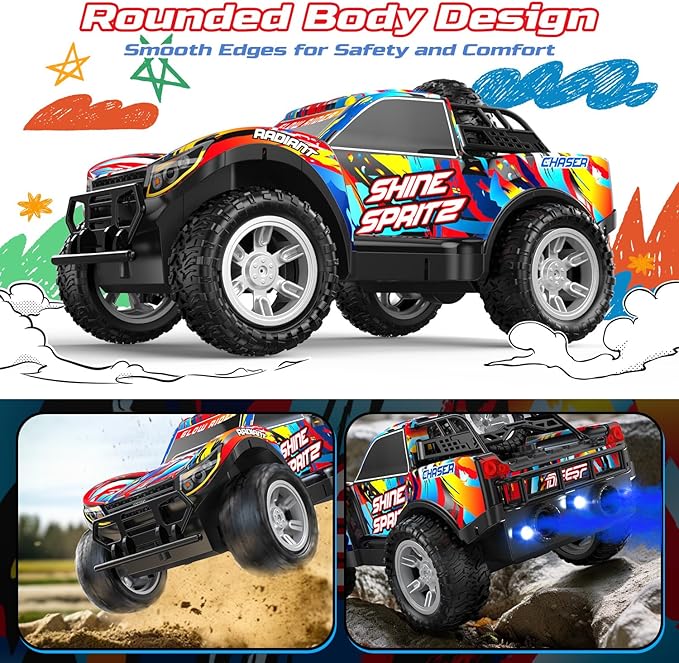 DEERC Remote Control Car for Boys & Girls Ages 4-8, Spray RC Truck with Music & Colorful LED Lights, 2.4GHz All-Terrain Drift Vehicle, 2 Rechargeable Batteries, 40 Mins Playtime, Birthday Toy for Kids