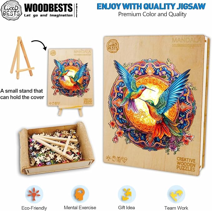 WOODBESTS Wooden Jigsaw Puzzle for Adults, Mandala Hummingbird Puzzle (L, 300pcs, 13.8"x13.8") Beautiful Wooden Box, Puzzle Wood Unique Shape, Birthday Gifts for Adults and Kids Family Game