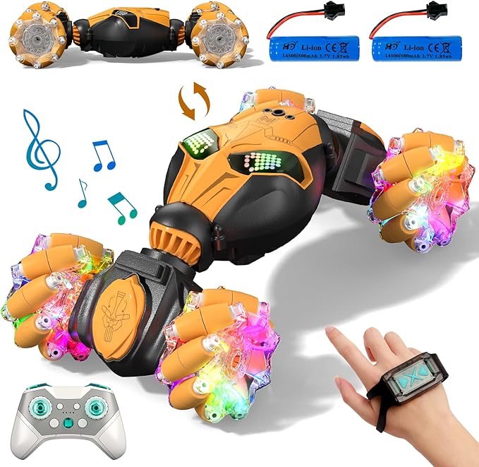 Axirata Gesture Sensing RC Stunt Car with Lights & Music for Kids 6-12 Year Old 4WD 2.4GHz Hand Controlled Remote Control Car 360° Rotation Off-Road Toy Car Gift for Boys Girls（Yellow）