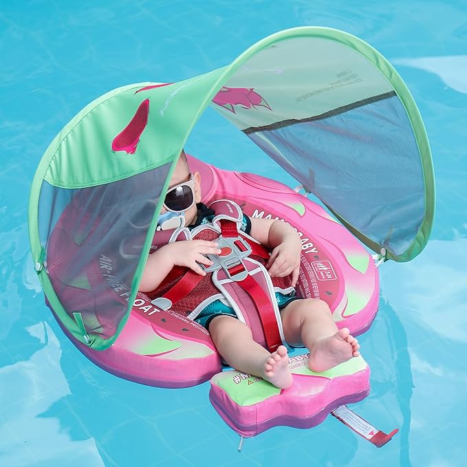 Mambobaby Float Add Tail Baby Swim Float with Canopy Solid Pool Infant Swim Trainer Swimming Training Lying Air Free Water Floats Non-Inflatable Waist Swim Ring for Toddlers (Dragon Fruit)