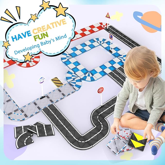 Magnetic Tiles Road Set, Magnetic Blocks Building Toys for 3+ Year Old Boys Girls, Magnet Construction Toys Preschool Educational Kids Magnet Tiles for Toddlers 3-5 4-8 (Magnetic Tiles Racing Track)